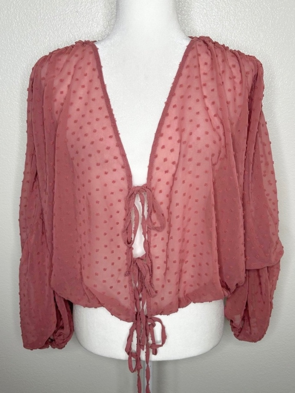 ASOS Design Womens Blush Pink Chiffon Tie-Front Dotted Top Balloon Sleeve Size 4
